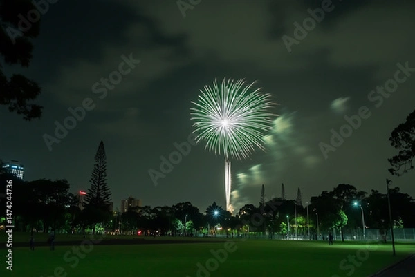 Obraz A beautiful display of green and white fireworks exploding over a dark park at night, with trees and city lights visible in the background, creating a peaceful yet celebratory scene.