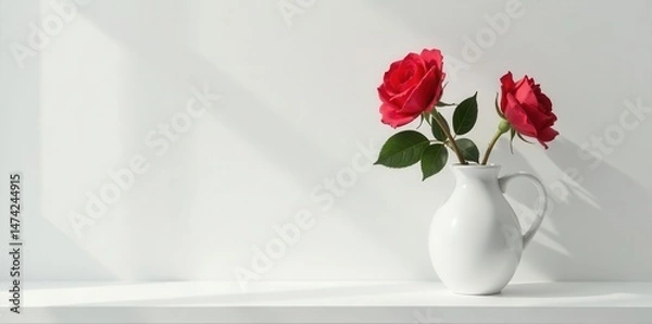 Fototapeta Vibrant red rose in classic white vase; sits on a white shelf , decor, closeup, home