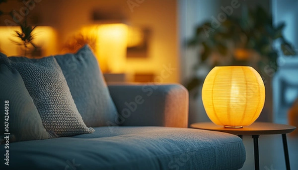 Fototapeta Close-up of glowing light globe on table in cozy indoor setting