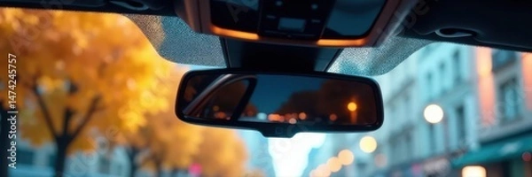 Fototapeta Sleek modern car rearview mirror integrated into ceiling panel , auto parts, overhead