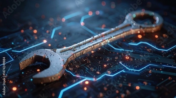 Obraz A blue digital wrench spanner that features glowing binary code is utilized in AI-driven maintenance management systems for predictive maintenance algorithms and equipment diagnostics, as well as
