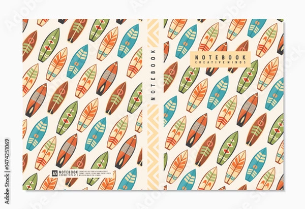 Obraz Notebook graphic design template with surfing boards pattern. Surfboards creative notebook covers idea. Vector illustration.
