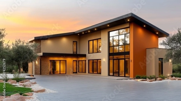 Fototapeta Modern architectural design of a stylish house with large windows surrounded by greenery at sunset