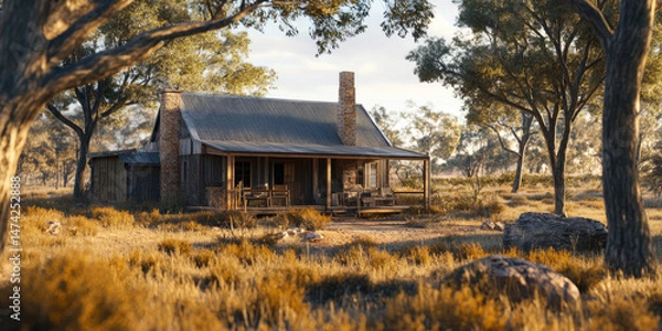 Fototapeta Rustic Cabin in Dry Grassland Stock Photo of Old Wooden House in Australian Outback