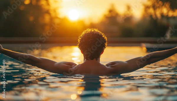 Fototapeta Relaxed man in swimming pool enjoying summer water