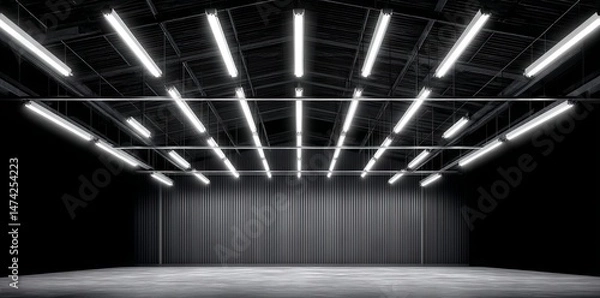 Fototapeta A 360-degree full panorama environment featuring a black minimalistic studio with bright lights and reflections, presented as a 3D render illustration in HDRI and HDR for virtual reality and VR