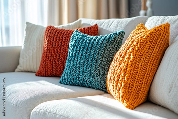 Fototapeta Colorful knitted cushion placed on modern sofa