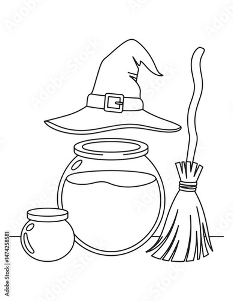 Fototapeta Witch’s Potion Bottles and Broom – Halloween Objects Coloring Page