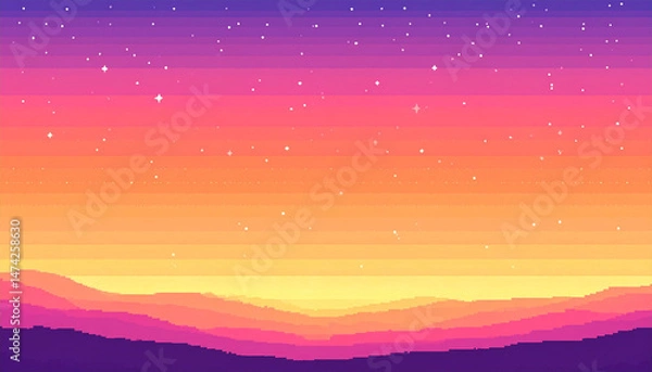Fototapeta ピクセルアート風、夕焼け空のグラデーション背景