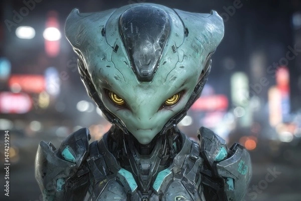 Obraz The urban environment is engaged by a peculiar green alien that has a robotic likeness