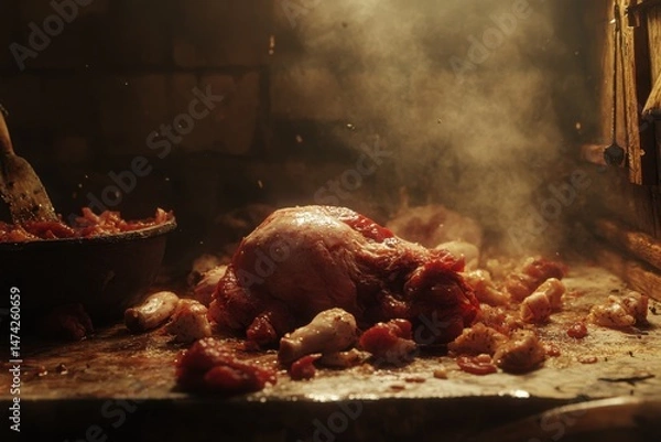 Fototapeta A close up shot of a cooked chicken with steam and a pan of food in a dark kitchen setting