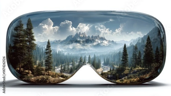 Obraz A virtual reality headset is shown in closeup, displaying a peaceful mountain landscape