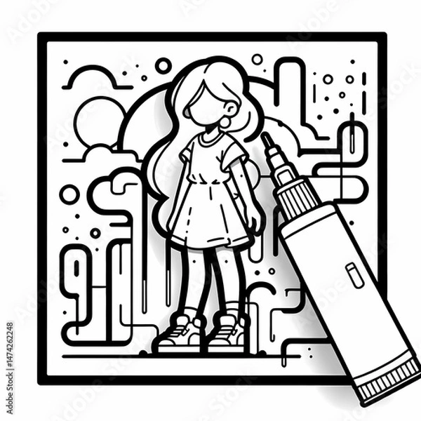 Fototapeta Girl in a Minimalist Line Art Style with Marker Illustration