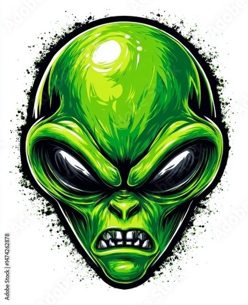 Obraz vector drawing of an angry extraterrestrial face with sharp teeth and a bulging vein’ becomes ‘furious martian cartoon character with sharp teeth and a visible vein in the head in modern format
