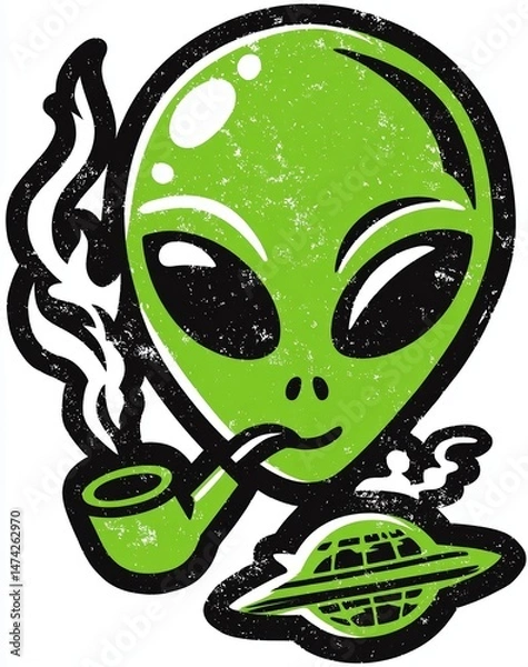 Obraz A cartoon depiction of an alien, goblin, or extraterrestrial being is shown smoking from a pipe and inhaling tobacco smoke in a modern illustration of its face