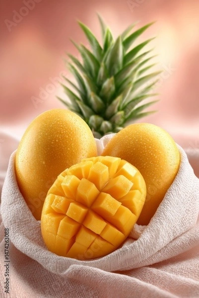 Obraz Tropical fruits like mangoes and pineapples are depicted in a still life that conveys a summer mood