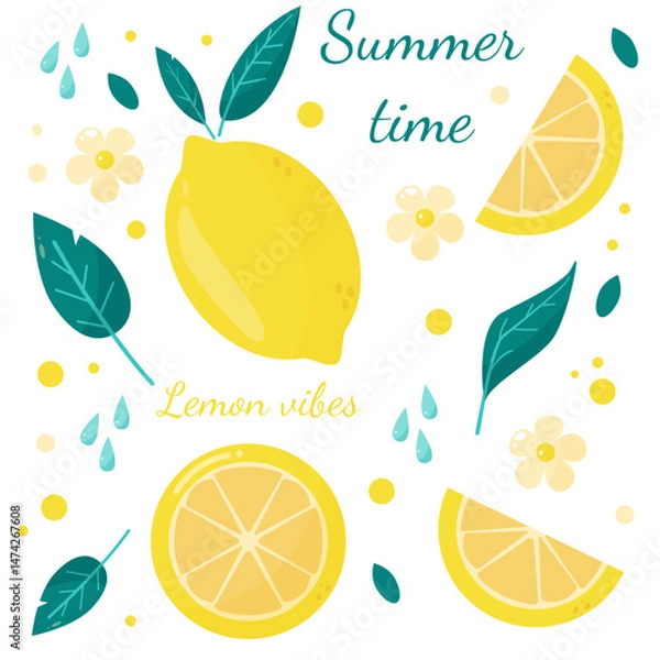 Fototapeta Summer set with juicy lemon, leaves and flowers