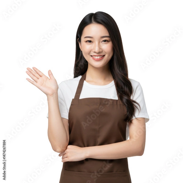 Fototapeta Smiling woman in apron, waving isolated on transparent background
