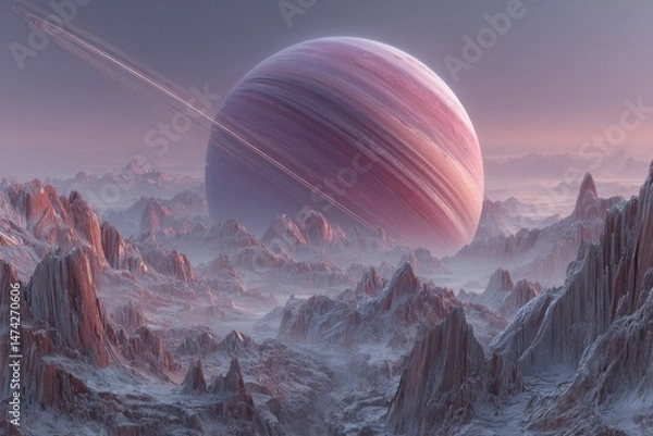 Obraz An otherworldly scene of enigmatic terrain featuring colossal rocky structures on a distant uncharted planet, created by generative AI