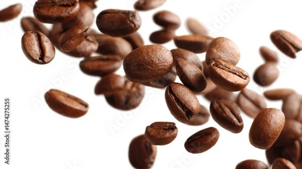Fototapeta Roasted coffee beans scattered against a white background creating a dynamic composition.