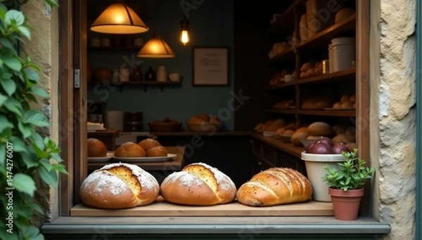 Fototapeta A rustic bakery window with freshly baked bread and pastries on display, with a vintage sign and flower pots, restaurant, mockup, display