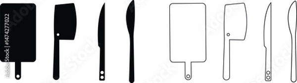 Fototapeta The cutting board with knife icon set. Chopping Board symbol. Black Vector collection isolated on transparent background. Kitchen tool for cooking, web and app. Food and vegetable, cut symbol