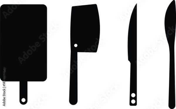Fototapeta The cutting board with knife icon set. Chopping Board symbol. Black Vector collection isolated on transparent background. Kitchen tool for cooking, web and app. Food and vegetable, cut symbol