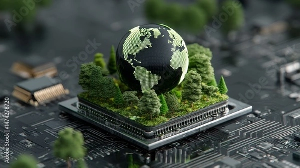 Obraz A concept emphasizing eco-friendly technology with a global symbol on a circuit board, concentrating on environmental advancements, sustainable computing, corporate social responsibility, and