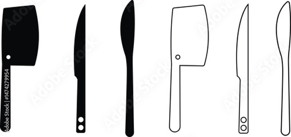 Fototapeta Cheese knives icon set. Knife symbol. Black Vector collection isolated on transparent background. Kitchen tool for cooking, web and app. Food and vegetable, cut symbol