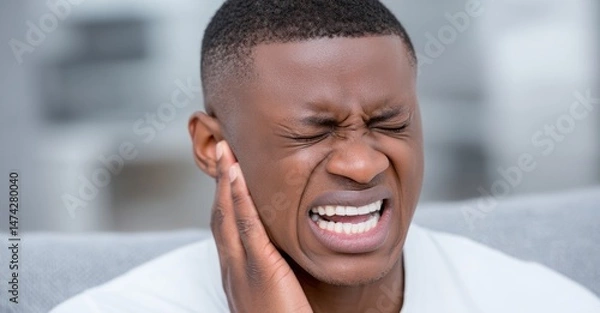 Fototapeta A toothache and sensitivity are bothering a man in his house, possibly due to dental issues like a cavity, gum disease, or gingivitis, and he is also dealing with the pain of impacted wisdom teeth,