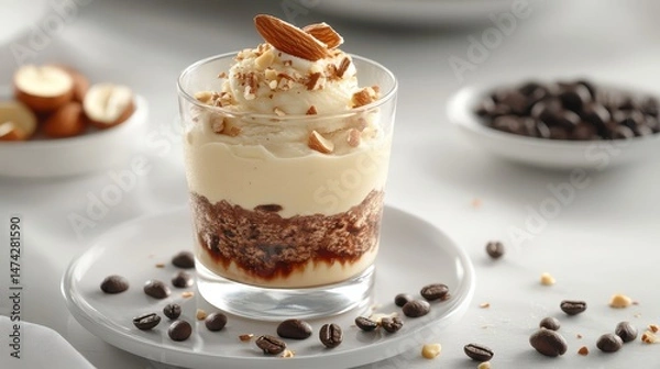 Fototapeta Dessert cup with cake, cream, almonds, nuts, and coffee beans, on white surface. Perfect for food blogs, recipe sites, or showcasing dessert menu items.