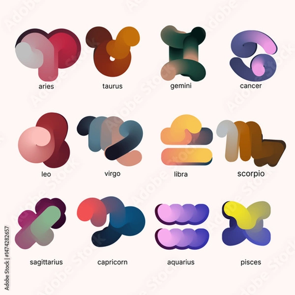 Obraz Gradient Zodiac Symbols – Abstract Modern Design. Use in digital media, horoscopes, apps, posters, or branding related to zodiac themes. Trendy vector illustration.