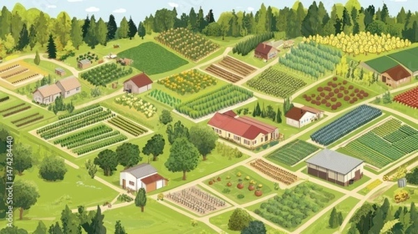 Fototapeta A visual map illustrating key agricultural concepts connected to food security, highlighting sustainable farming practices, local food systems, and urban agriculture. The map shows interlinked ideas 