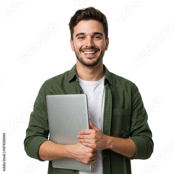 Fototapeta Man with laptop smiling isolated on transparent background