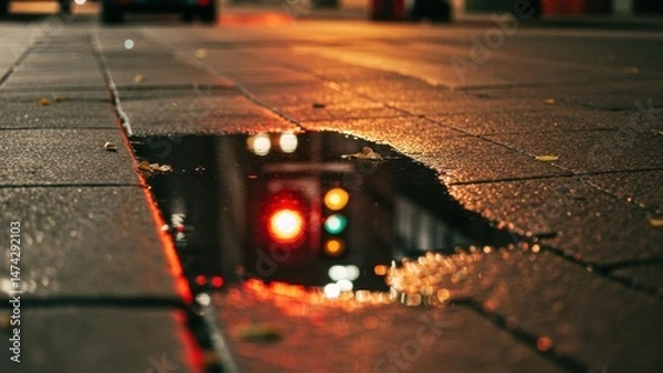 Fototapeta City lights reflect in a puddle on an urban street