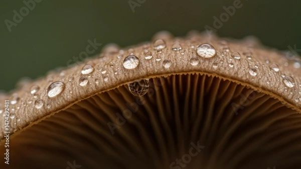 Fototapeta Mushroom cap with water droplets, macro shot
