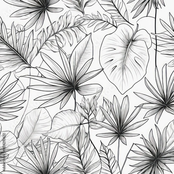 Fototapeta Botanical line art of tropical leaves and flowers in a clean