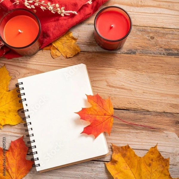 Fototapeta Autumn still life with journal and red candles