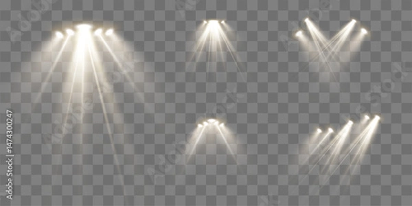 Fototapeta Set of Gold Spotlights with Transparent Background – Shining Light Beams, Radiant Glow and Floodlight Effects, Perfect for Stage Lighting, Event Illumination and Dramatic Visual Design