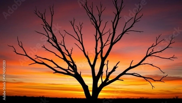 Fototapeta Silhouette of a tree against a colorful sunset.