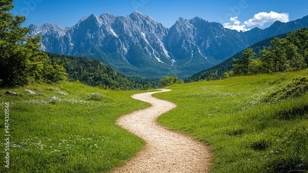 Obraz Serene mountain path winding through a verdant valley under a clear sky