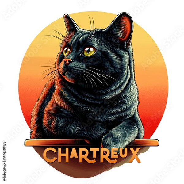 Fototapeta  a black cat with a striking red and orange gradient background, characterized by bold lines and a warm color palette. Below the cat, the word "CHARTREUX" is prominently displayed.
