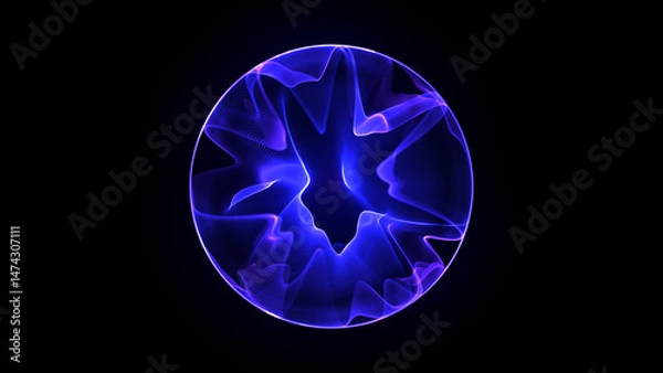 Fototapeta Futuristic 3d sphere of glowing neon light waves and particles. Purple and blue abstract energy. Science, future technology, and artificial intelligence. Sound waves and audio background. 