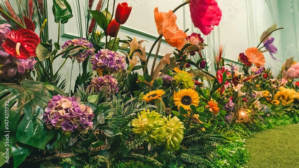 Fototapeta A lush display of plastic flowers with a series of hydrangeas, sunflowers and tropical leaves