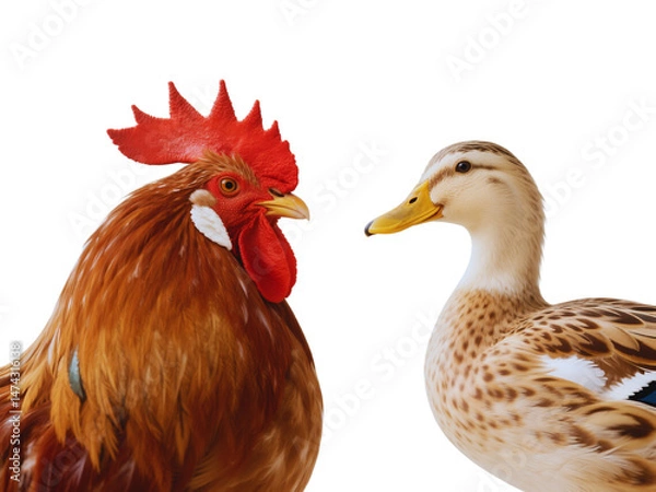 Fototapeta Rooster and Duck Facing Each Other on Black Background