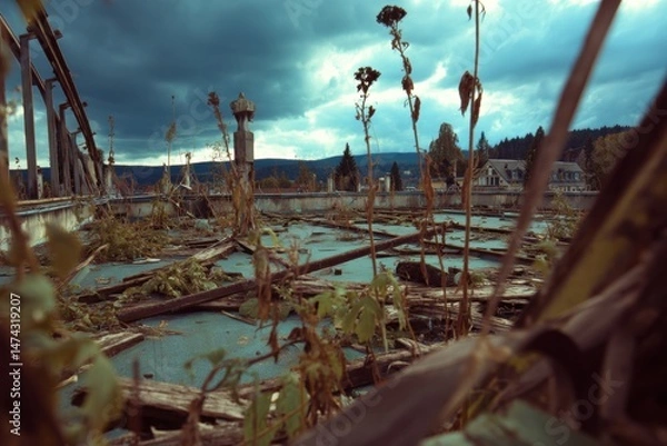 Fototapeta Abandoned Construction Site Overgrown With Weeds Under Dramatic Stormy Sky