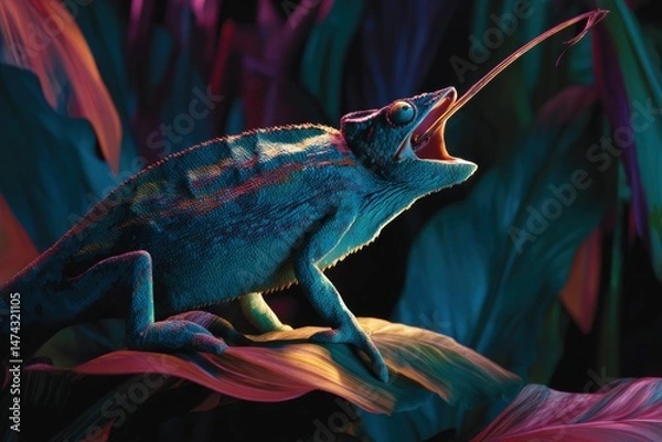 Fototapeta Chameleon With Striking Blue And Green Colors Interacting In Lush Colorful Jungle Environment