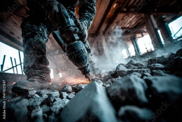 Fototapeta Close Up Of Construction Worker Using Power Drill In Dusty Building Environment With Sparks