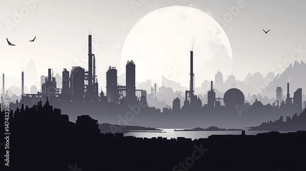 Obraz A seamless industrial skyline silhouette with factories, tanks, and piping indicative of a gas production facility