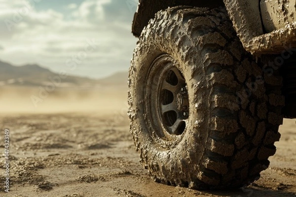 Fototapeta Close-Up Shot Of A Mud-Caked Vehicle Tire In Rugged Terrain With Dusty Background